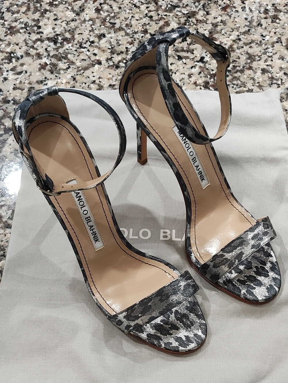 Manolo Blahnik Silver Leopard Print Ankle-Strap Sandals